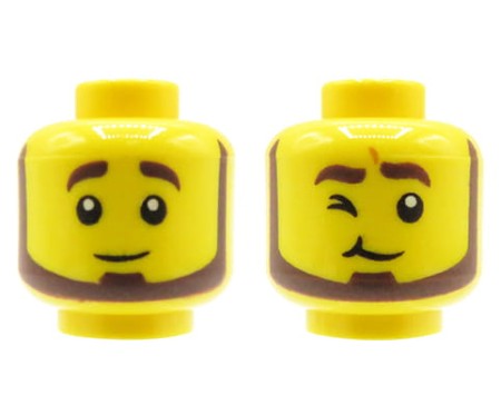 Głowa figurki LEGO - żółta, mężczyzna, ciemnobrązowa broda i brwi, dwustronna (neutralna mina / mruganie okiem)