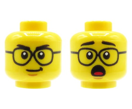 Głowa ludzika LEGO w kolorze żółtym, męska, okulary w czarnych oprawkach, dwustronna (uśmieszek / zdziwiona mina)