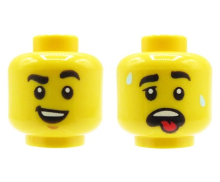 LEGO figure head - yellow, male, dual sided (smile / tired with tongue out and sweat drops)