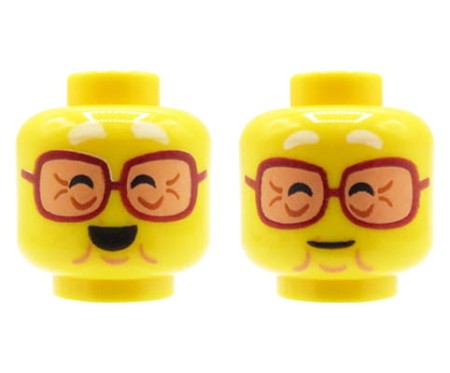 Głowa / główka ludzika LEGO - kobieta / babcia, okulary, zamknięte oczy dwustronna (neutralna mina / uśmieszek)