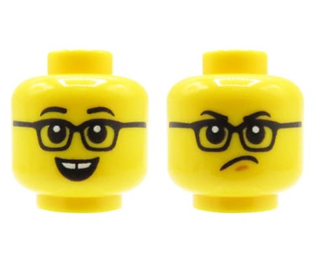 LEGO figure head - man, glasses, dual sided (smile with gap teeth / angry face)