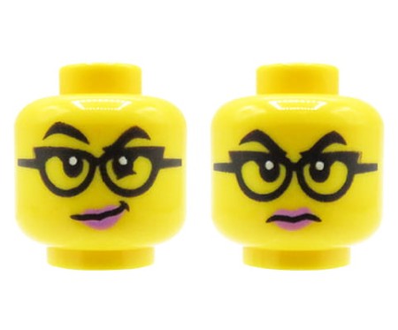 LEGO figure head - woman, glasses, pink lips, dual sided (smile / grim expression)