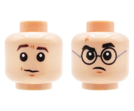 LEGO figure head - man, light nougat, dual sided (raised eyebrow / round glasses)