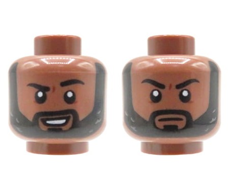 Głowa ludzika LEGO w kolorze brązowym (medium brown), czarna broda, dwustronna (neutralna mina / uśmieszek)