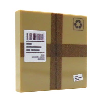 Custom LEGO part - Box / Parcel – custom printed on 2x2, dark tan LEGO® tile by Extra Extra Bricks