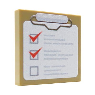 Custom LEGO piece - Writing Pad / Clipboard – custom printed by Extra Extra Bricks on 2x2, dark tan LEGO® tile