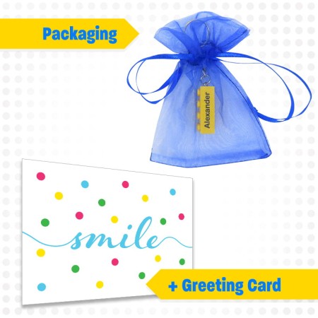 Personalized Keychain – LEGO® Brick with custom text pack in decorative organza bag with greeting card