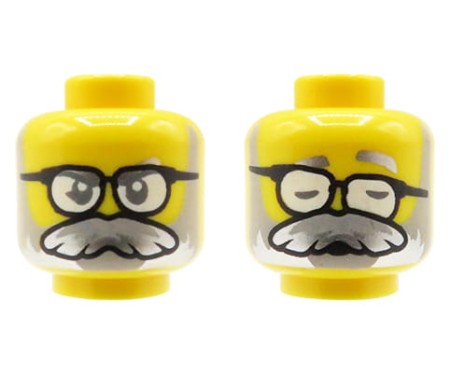 Głowa / główka / twarz figurki LEGO - dziadek, starszy mężczyzna z siwą brodą, wąsami i okularami, dwustronny nadruk (otwarte oczy / zamknięte oczy i przekrzywione okulary)