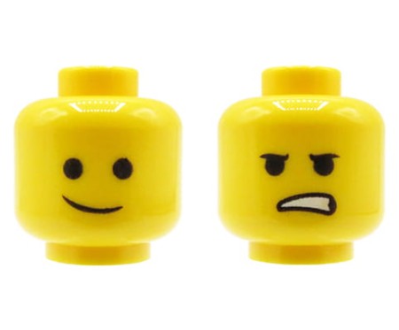 LEGO głowa / główka / twarz figurki Emmet, żółta, dwustronna, delikatny uśmiech, skrzywiona, zła mina
