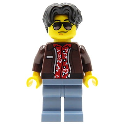 Minifigurka LEGO City mężczyzna / nastolatek, czarne włosy z przedziałkiem, okulary przeciwsłoneczne, hawajska koszula, brązowa kurtka, niebieskie jeansowe spodnie