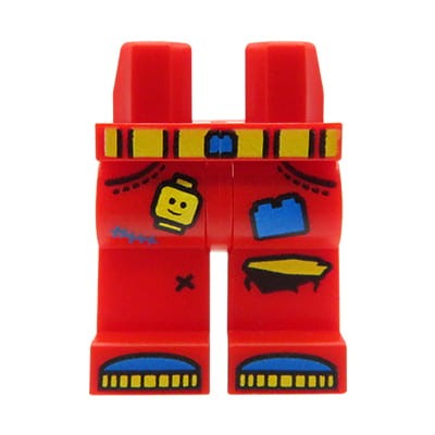 LEGO minifig legs - red pants with yellow belt and patches
