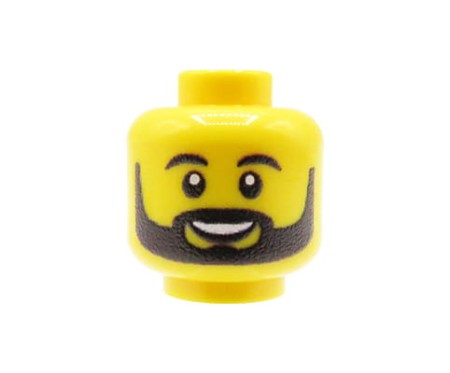 Tête de minifigurine Custom LEGO – homme jaune avec barbe, moustache et sourcils noirs, souriant – avec impression personnalisée par Extra Extra Bricks