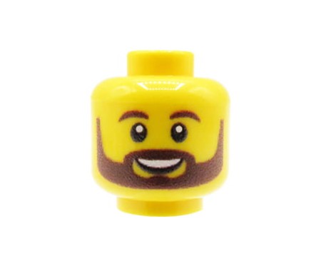 Custom LEGO minifigure head – yellow, male, brow beard and mustache, and eyebrows, smile  – custom printed by Extra Extra Bricks
