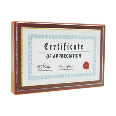 Custom LEGO – Diplôme / certificat dans un cadre en bois – tuile LEGO® 2x3 brun rouge avec impression personnalisée par Extra Extra Bricks