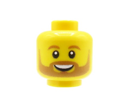 Custom LEGO minifigure head – yellow, smiling male with light brown beard, mustache, and eyebrows - custom printed by Extra Extra Bricks