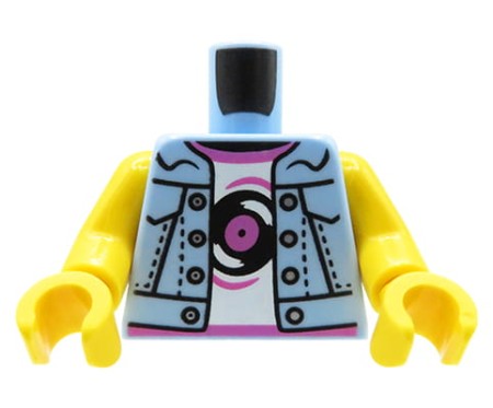 Torse de figurine LEGO – femme, gilet en jean, T-shirt blanc avec motif de vinyle