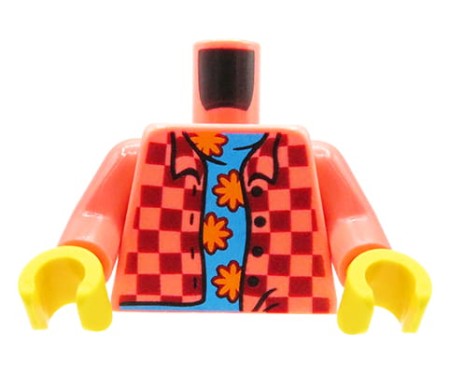 LEGO minifigure torso - coral unbuttoned shirt with a dark red check, blue t-shirt with flowers print