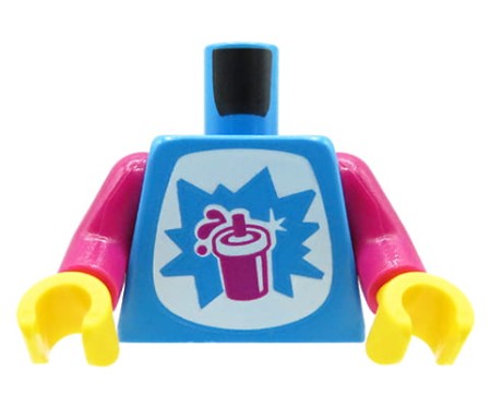 LEGO minifig torso - blue top with dark pink sleeves and a straw cup drink print