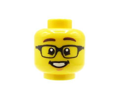 Zum Produkt Kopf einer LEGO Minifigur – Mann, Brille mit schwarzem Gestell, Lächeln