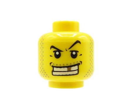 LEGO minifig head - man, sideburns stubble, open mouth smile, gold tooth