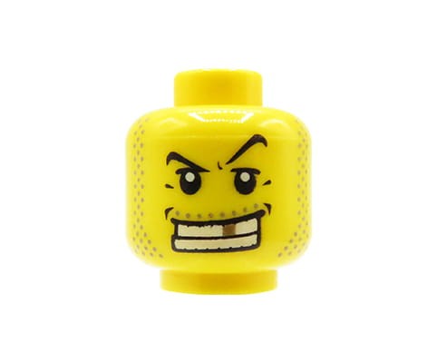 Accéder au produit Tête de figurine LEGO, homme, favoris et barbe de trois jours, sourire bouche ouverte, dent en or
