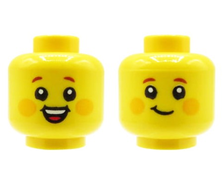 Tête de figurine LEGO, garçon, double face, rouge aux joues, sourire espiègle / large sourire