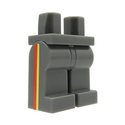 LEGO minifig legs - dark bluish gray pants with red and yellow stripes on sides