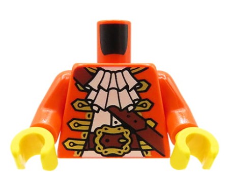 LEGO figure torso - pirate, reddish orange coat / jacket, white shirt with neck ruffle, reddish brown strap