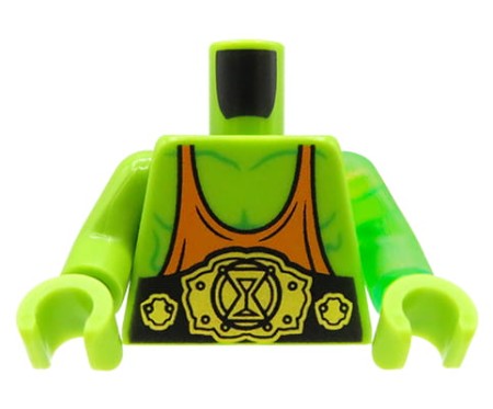 Torse pour minifigure LEGO : cébardeur orange, ceinture noire et or, impression "Z-Blob" au dos. Corps vert lime avec bras gauche vert clair transparent
