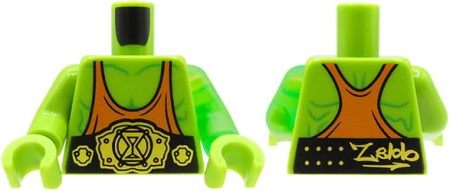 Torse pour minifigure LEGO : cébardeur orange, ceinture noire et or, impression "Z-Blob" au dos. Corps vert lime avec bras gauche vert clair transparent
