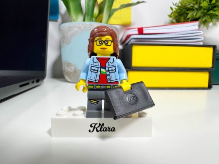 Personalized LEGO® Minifigure Programmer on base with custom text - personalization example 2