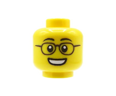 Custom LEGO Head – Man with Glasses and Wide Smile, Yellow Face – custom printed by Extra Extra Brick