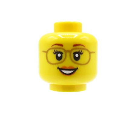 Custom LEGO tête – Femme avec lunettes et sourire délicat montrant les dents, visage jaune – custom imprimée sur tête LEGO® par Extra Extra Bricks
