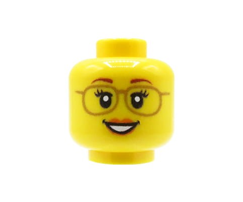 Accéder au produit Tête de figurine (féminine, lunettes et sourire, jaune) – Custom impression sur tête LEGO®