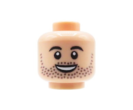 Custom LEGO Head – Male with Light Stubble and Wide Smile, Light Nougat Face – custom UV printed by Extra Extra Brick