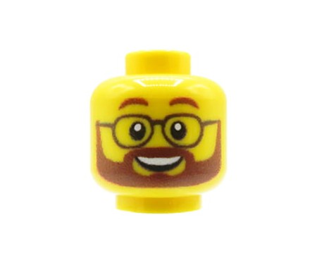 Custom LEGO tête – Homme avec barbe brune, moustache, lunettes et sourire, visage jaune – impression custom UV par Extra Extra Bricks