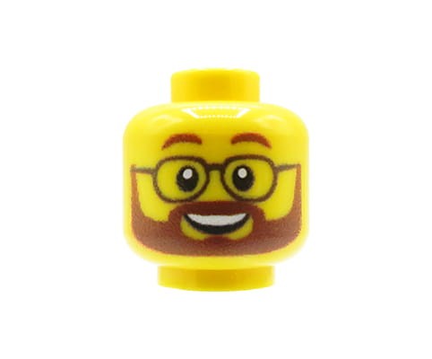 Accéder au produit Tête de figurine (masculine, barbe brune, lunettes, jaune) – Custom impression sur tête LEGO®