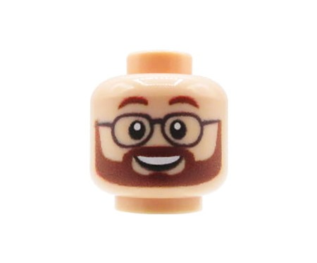 Custom LEGO Minifigure Head – Male with Brown Beard, Moustache, Glasses and Smile, Light Nougat Face – custom UV printed by Extra Extra Brick