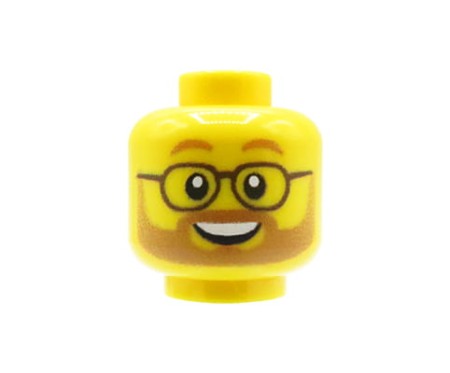 Custom LEGO tête – Homme avec barbe claire, moustache, lunettes et large sourire, visage jaune – impression custom UV par Extra Extra Bricks