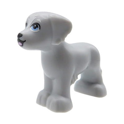 LEGO Friends puppy light gray with white spot and pink tongue, original LEGO animal piece