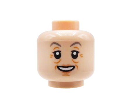 LEGO figure head woman smiling face with wrinkles grey eyebrows flesh tone light nougat, original LEGO head part