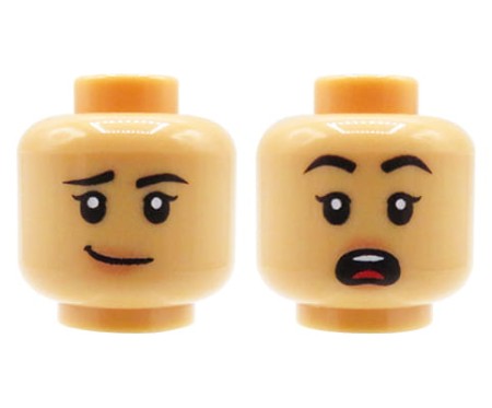 LEGO minifigure head woman smiling and scared expression flesh tone medium nougat, original LEGO face part