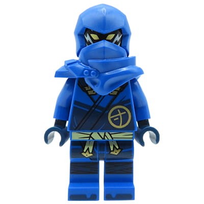 LEGO Ninjago Jay minifigure in blue ninja hood and blue robe. Ninja figure comes from LEGO Ninjago Dragons Rising  set
