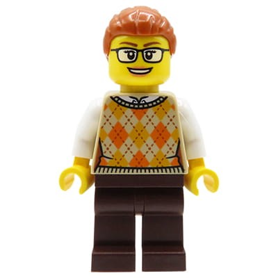 LEGO City Minifigur Frau – rote Haare im Dutt, Brille, beiger Pullover, weißes Shirt, braune Hose – originale neue LEGO® Figur aus City Serie