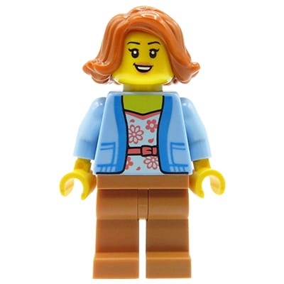 LEGO City female minifigure orange shoulder-length hair blue sweater floral printed shirt