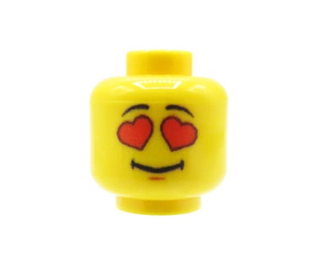 Custom LEGO® head – yellow, male, heart eyes, original UV print by Extra Extra Bricks on a LEGO® head
