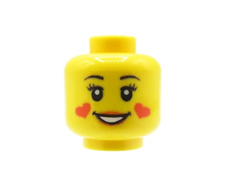 Custom LEGO® Kopf – gelb, weiblich, breites Lächeln und Herzformen auf den Wangen, originaler UV-Druck von Extra Extra Bricks auf LEGO® Kopf