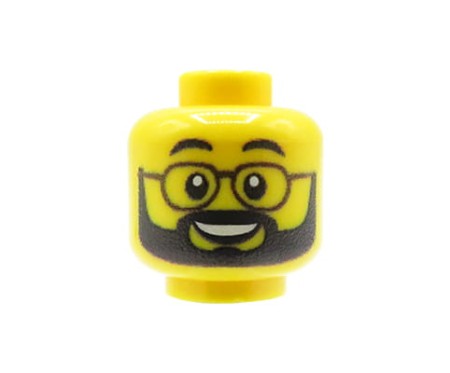 Custom LEGO® Kopf – gelb, männlich, schwarzer Bart, Brille, Lächeln, originaler UV-Druck von Extra Extra Bricks auf LEGO® Kopf