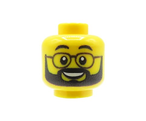 Zum Produkt Minifiguren-Kopf (männlich, schwarzer Bart und Brille, gelb) – Custom Druck auf LEGO® Kopf