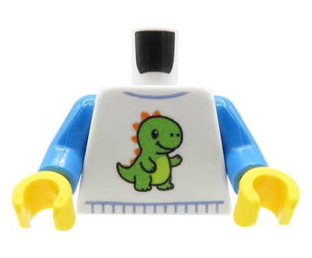 Custom LEGO® torso – white shirt with green dinosaur print, blue arms, yellow hands, original custom UV print by Extra Extra Bricks
